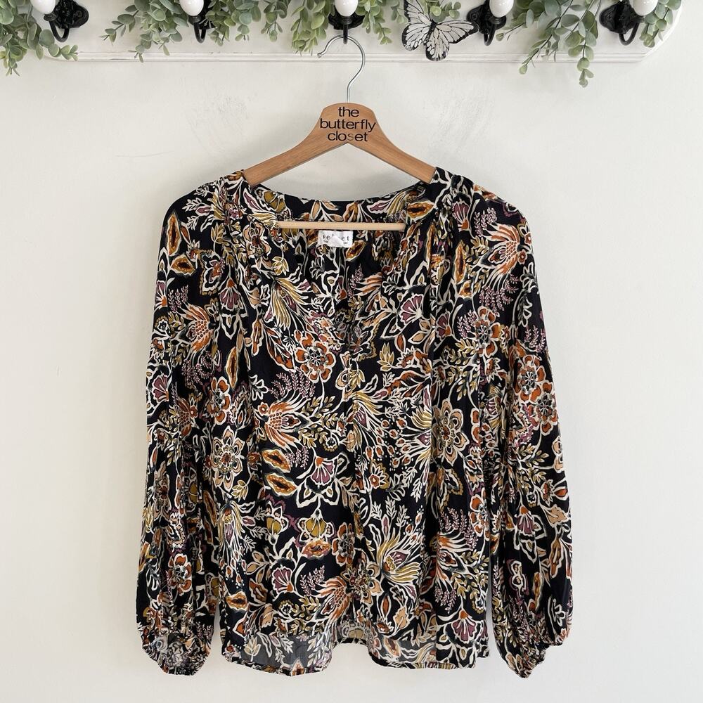 Velvet by graham spencer Floral boho Flowy Long Sleeve V-Neck Blouse Sz S